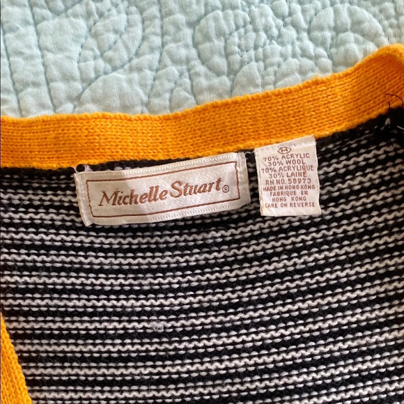 Vintage Black and White Striped Cardigan with Yellow Trim - Picture 2 of 3